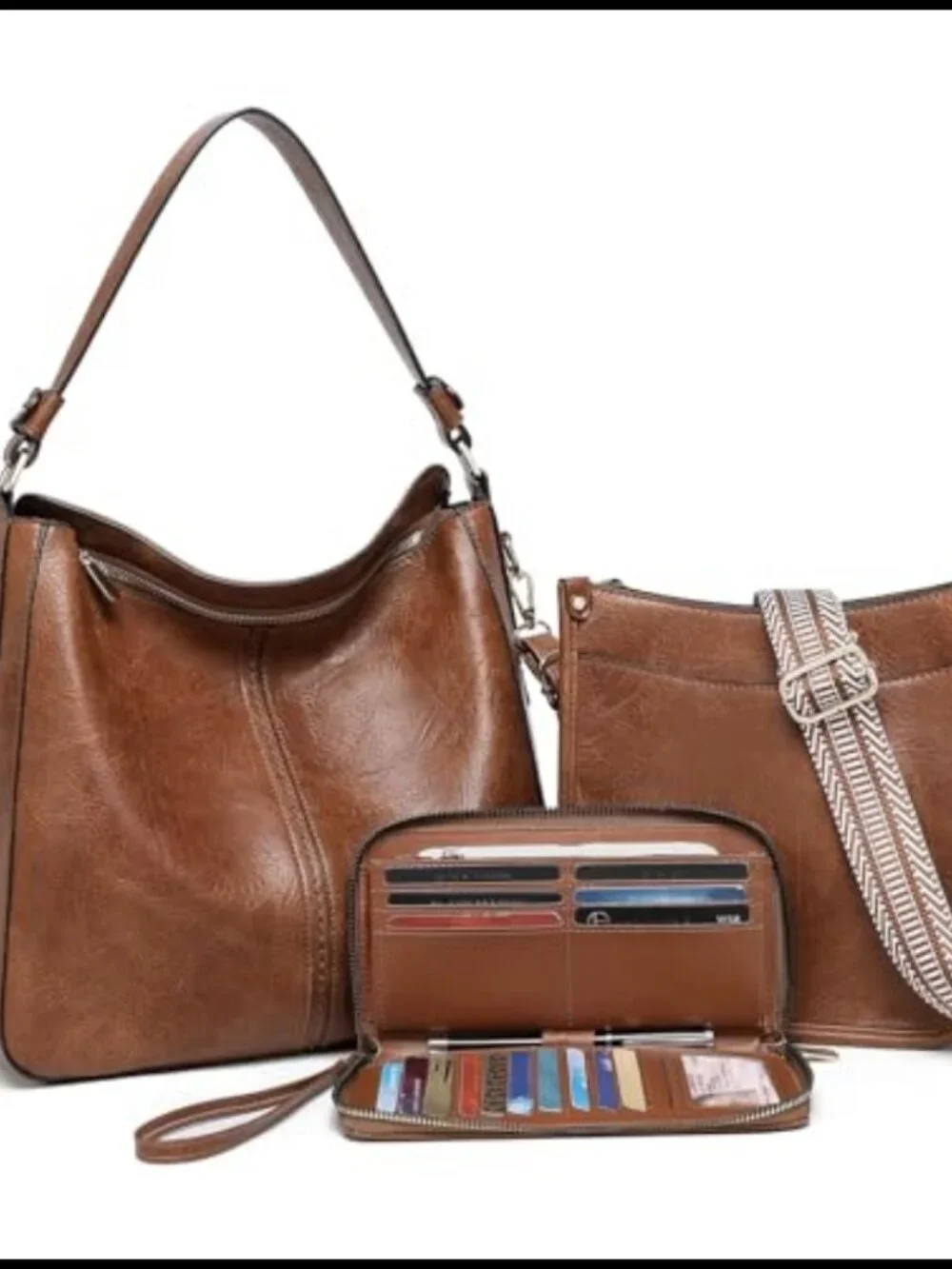 3Pc Hobo Crossbody Bag Set Vegan Leather Wallet Shoulder Purse